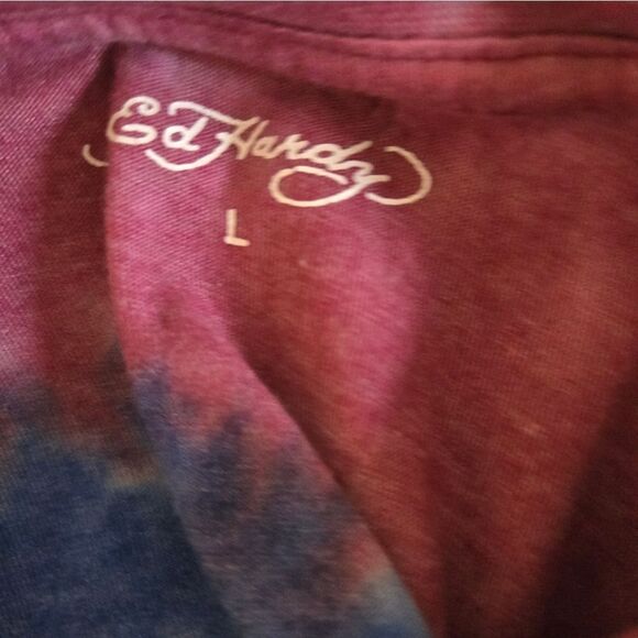Ed Hardy Blue And Pink Tie Dye Logo Cropped Tee Shirt NWT - Picture 4 of 5